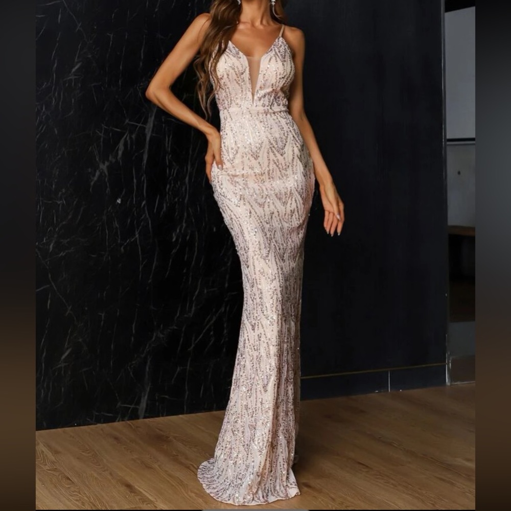 Luxe mesh insert mermaid hem sequins party formal prom gown dress champagne - Picture 7 of 8